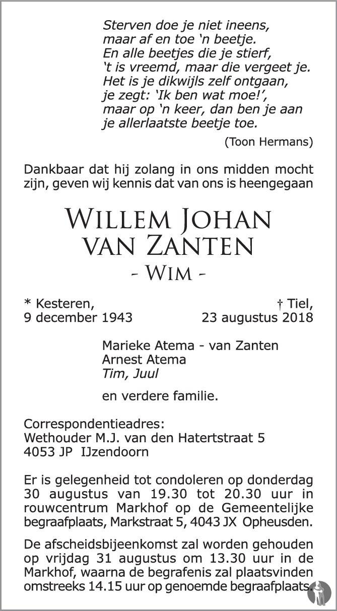 Willem Johan (Wim) van Zanten 23-08-2018 overlijdensbericht en ...