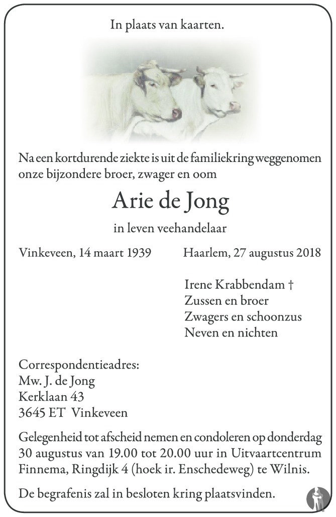 Arie de Jong 27082018 overlijdensbericht en condoleances Mensenlinq.nl