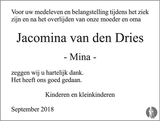 Overlijdensbericht van Jacomina (Mina) van den Dries in PZC Provinciale Zeeuwse Courant