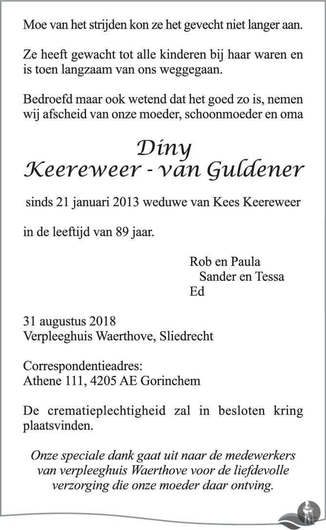 Diny Keereweer - van Guldener 31-08-2018 overlijdensbericht en ...