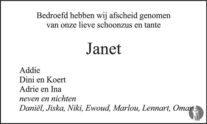Overlijdensbericht van Jacoba Aaltje Neeltje (Janet)  Welleman - Roodzand  in PZC Provinciale Zeeuwse Courant
