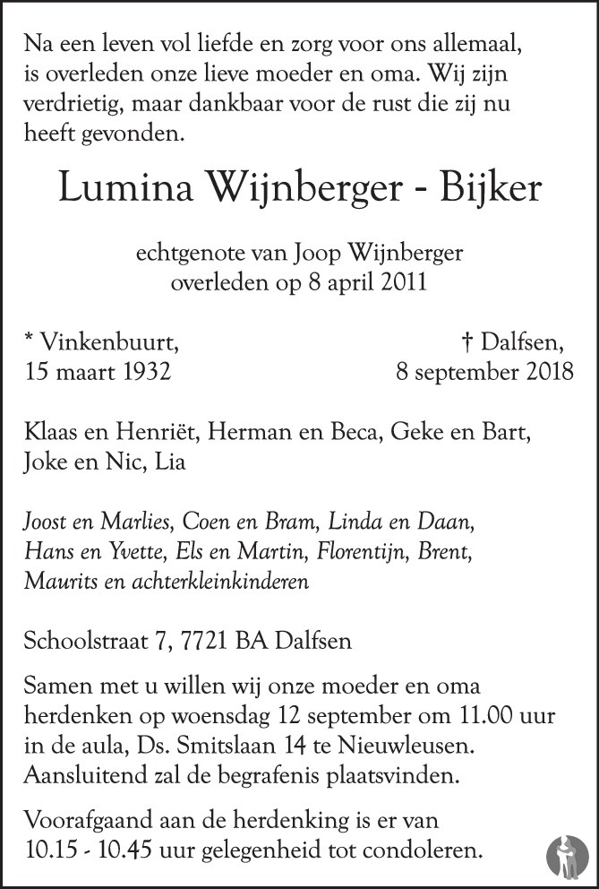 Overlijdensbericht van Lumina Wijnberger - Bijker  in de Stentor