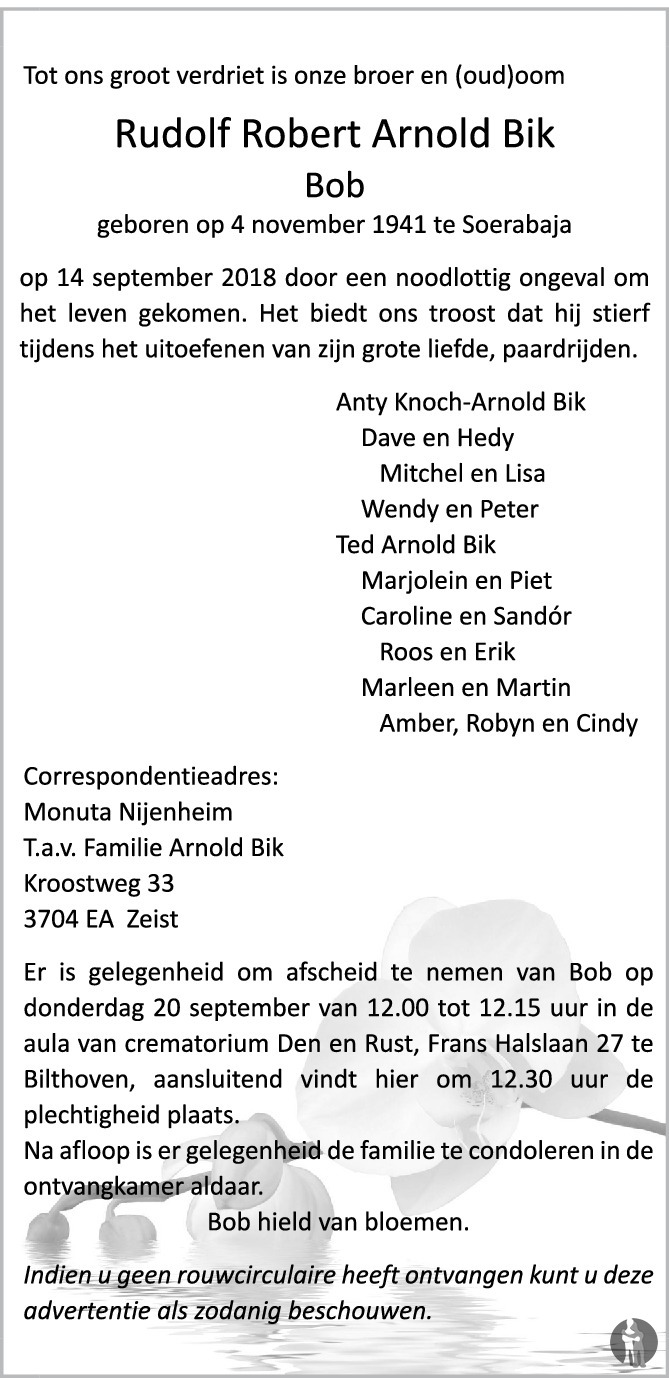 Rudolf Robert Arnold (Bob) Bik 14-09-2018 overlijdensbericht en ...