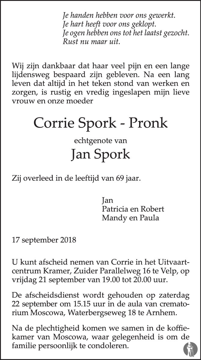 Corrie Spork - Pronk 17-09-2018 Overlijdensbericht En Condoleances 