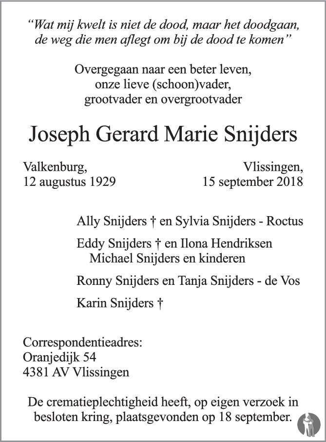 Joseph Gerard Snijders 15-09-2018 overlijdensbericht - Mensenlinq.nl
