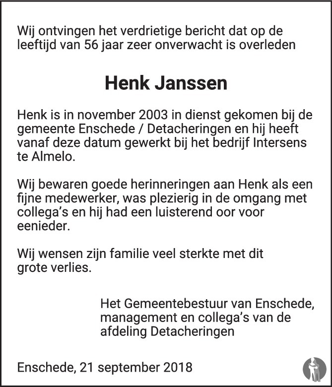 Henk Janssen 21-09-2018 overlijdensbericht en condoleances - Mensenlinq.nl