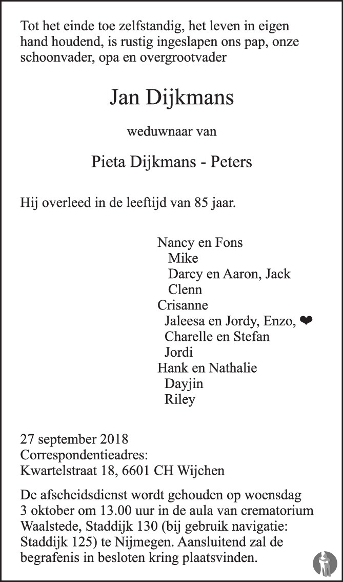 Jan Dijkmans 27-09-2018 overlijdensbericht en condoleances - Mensenlinq.nl