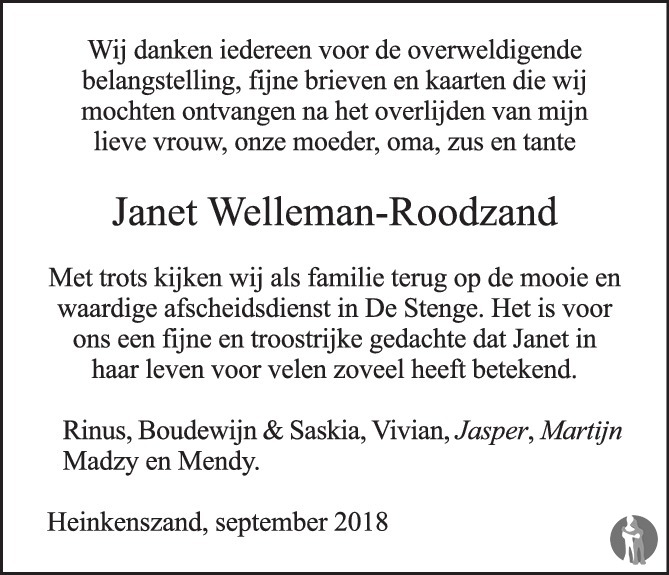 Overlijdensbericht van Jacoba Aaltje Neeltje (Janet)  Welleman - Roodzand  in PZC Provinciale Zeeuwse Courant