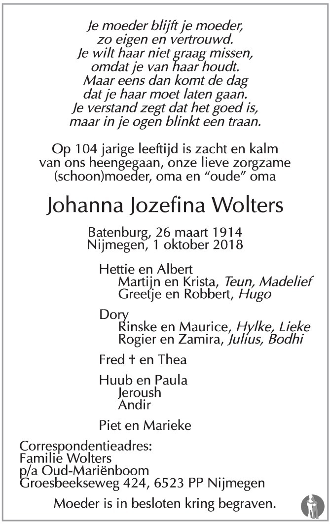 Overlijdensbericht van Johanna Jozefina Wolters  in de Gelderlander