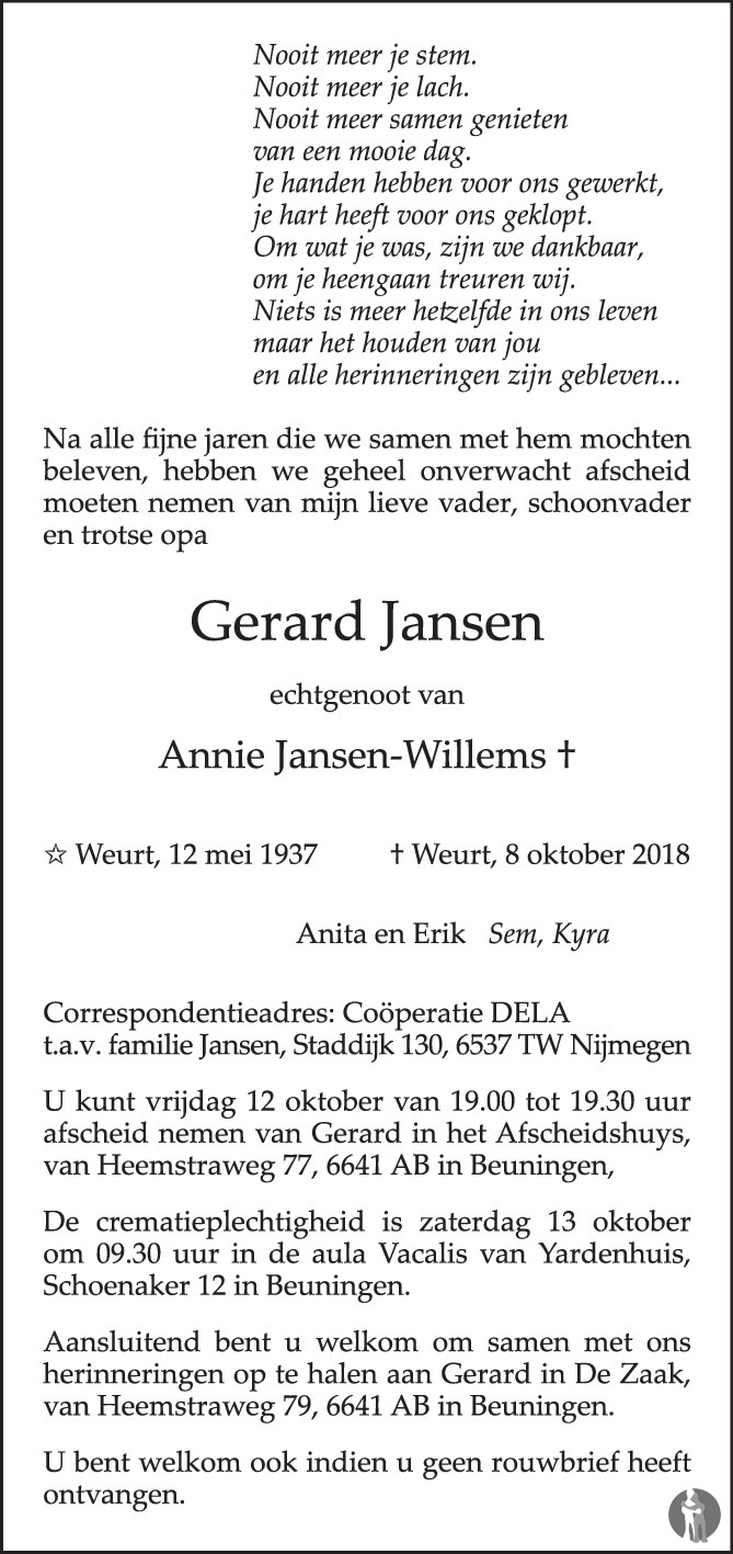 Gerard Jansen 08-10-2018 overlijdensbericht en condoleances - Mensenlinq.nl