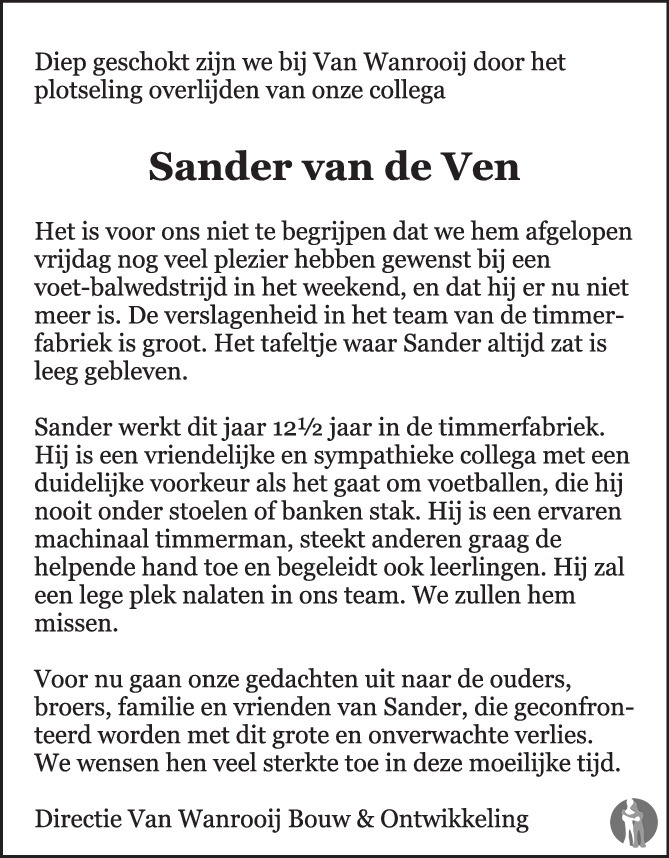 Overlijdensbericht van Sander van de Ven in Brabants Dagblad