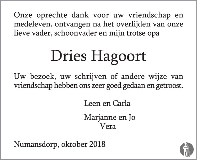 Andries (Dries) Hagoort 15-09-2018 overlijdensbericht en condoleances ...