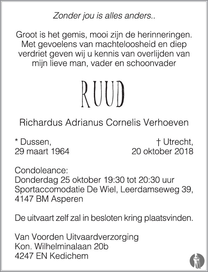 Overlijdensbericht van Richardus Adrianus Cornelis (Ruud) Verhoeven in Gorcumse Courant