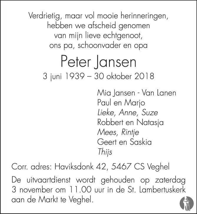 Peter Jansen 30-10-2018 overlijdensbericht en condoleances - Mensenlinq.nl