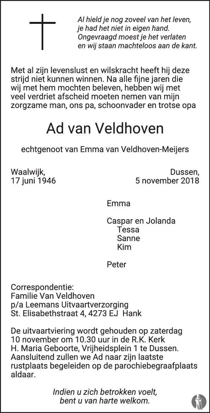 Overlijdensbericht van Ad van Veldhoven in BN DeStem
