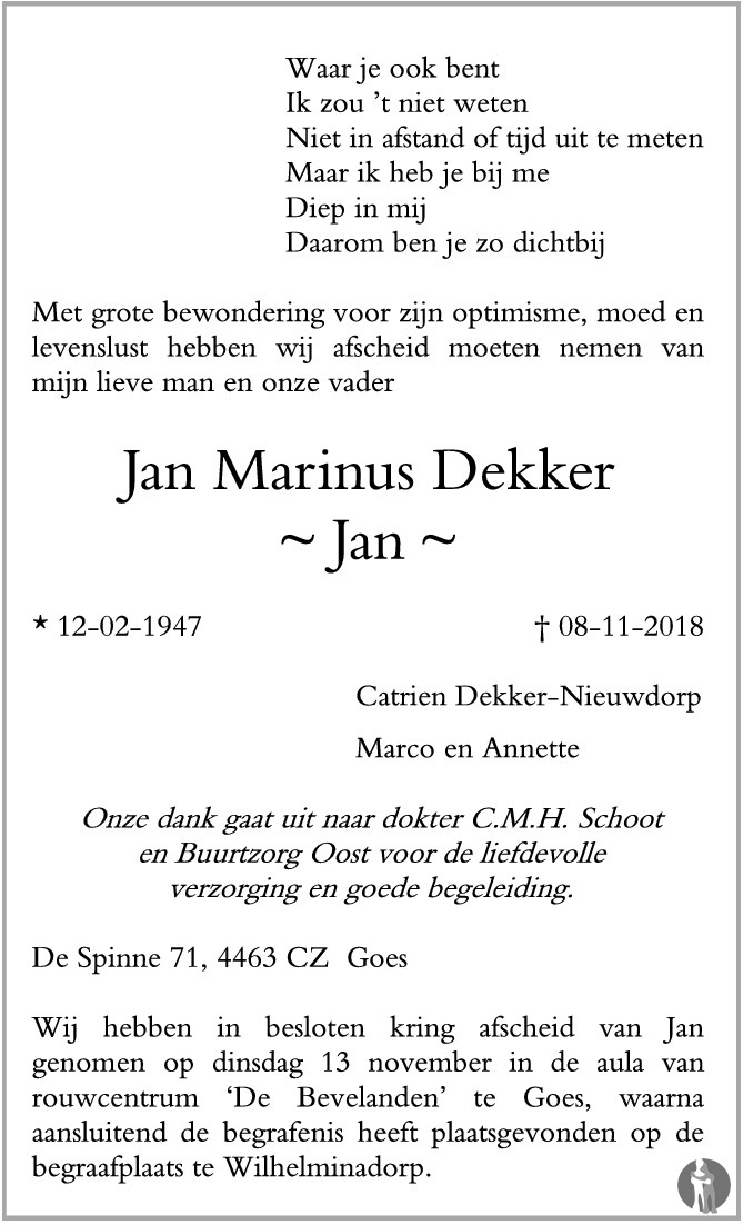 Jan Marinus (Jan) Dekker 08-11-2018 overlijdensbericht en condoleances ...