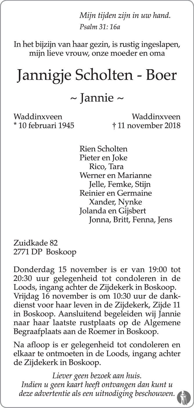 Jannigje (Jannie) Scholten - Boer 11-11-2018 overlijdensbericht en ...