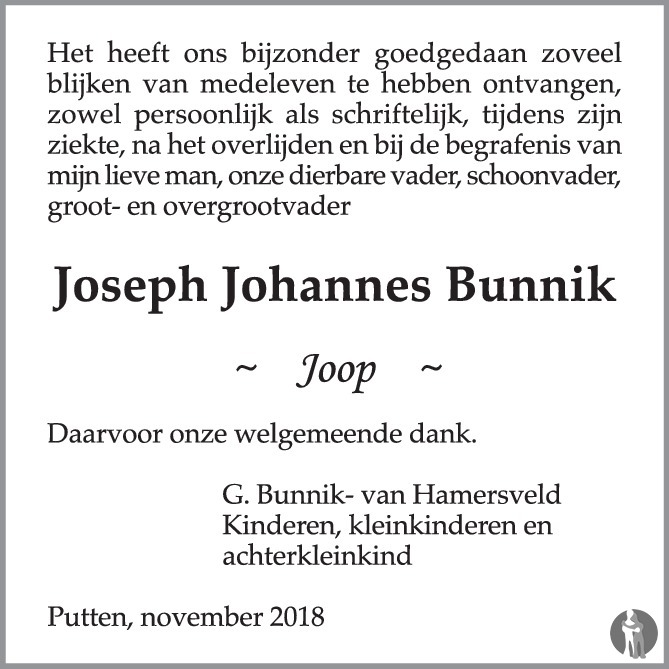 Joseph Johannes Joop Bunnik 15 10 2018 Overlijdensbericht En