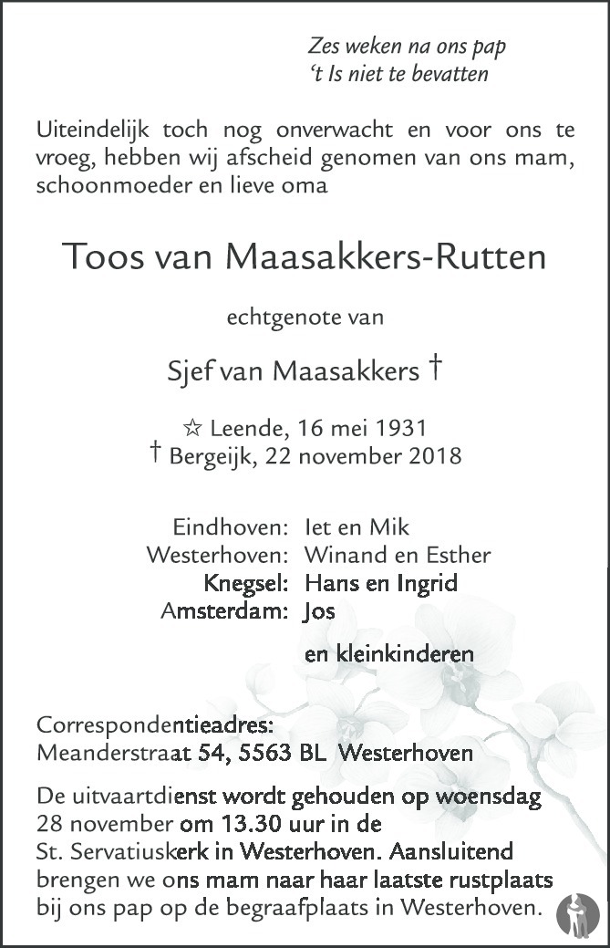 Toos van Maasakkers - Rutten 22-11-2018 overlijdensbericht en ...