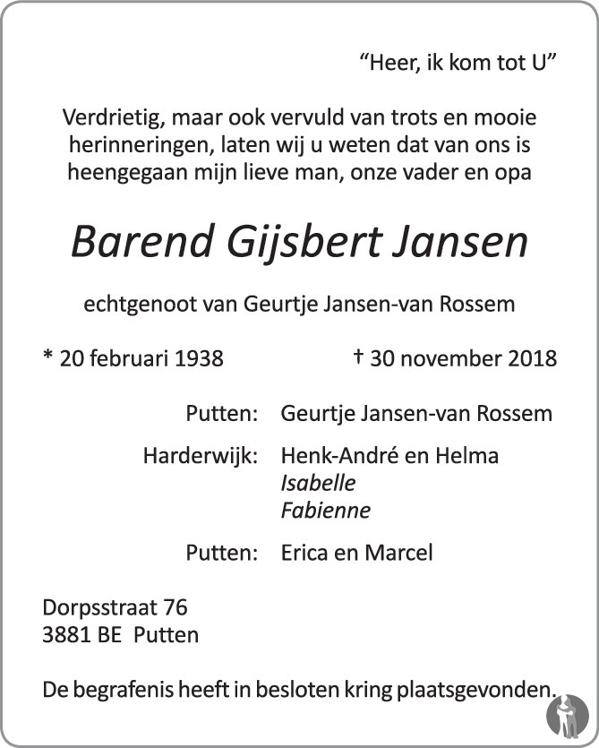 Barend Gijsbert Jansen 30-11-2018 Overlijdensbericht En Condoleances 