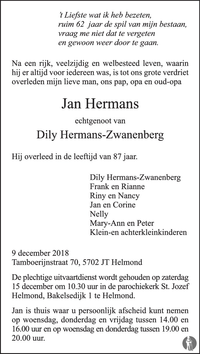 Jan Hermans 09-12-2018 overlijdensbericht en condoleances - Mensenlinq.nl