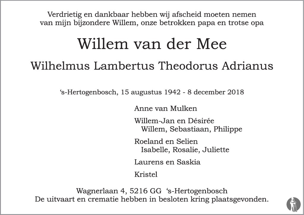 Wilhelmus Lambertus Theodorus Adrianus (Willem) van der Mee 08-12-2018