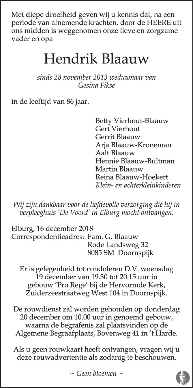 Hendrik Blaauw 16122018 overlijdensbericht en condoleances