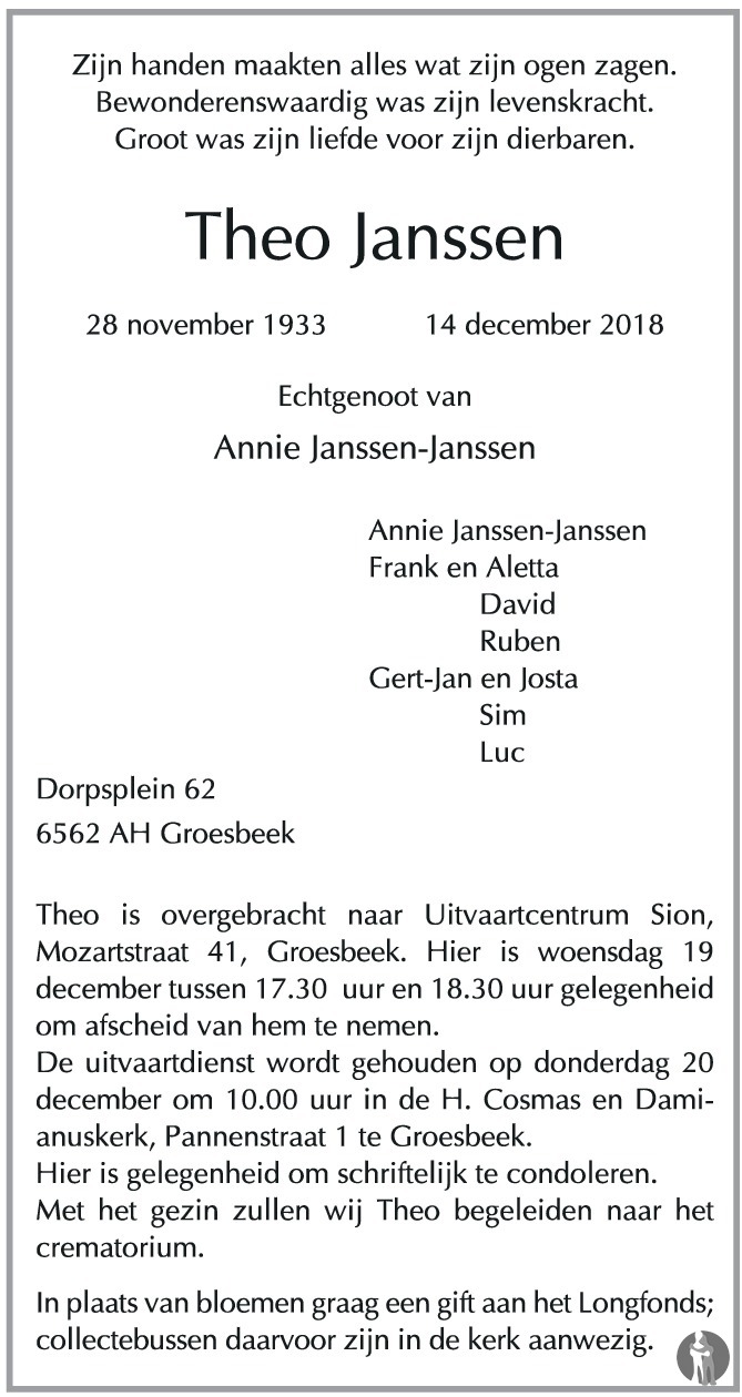 Overlijdensbericht van Theo Janssen in de Gelderlander