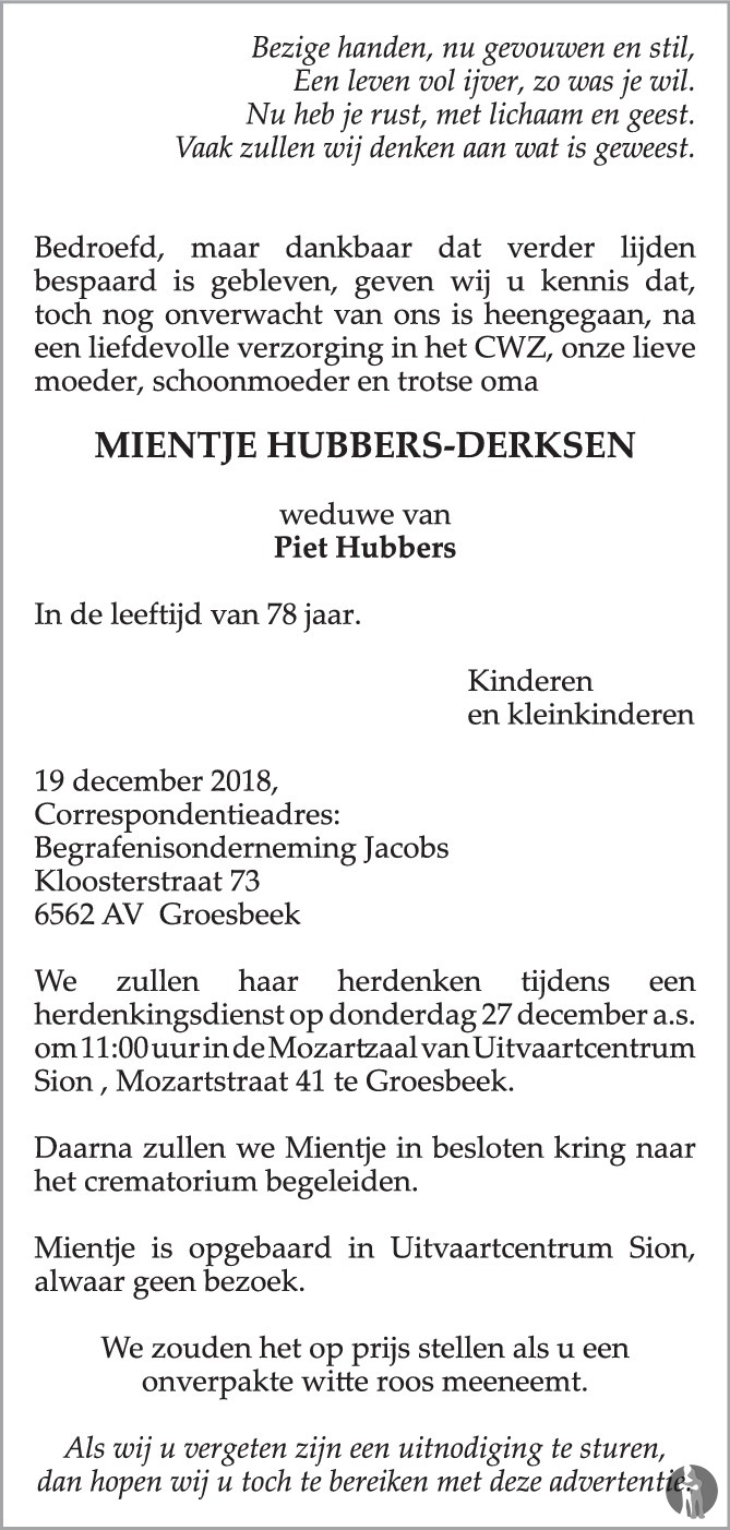 Overlijdensbericht van Mientje Hubbers - Derksen in de Gelderlander