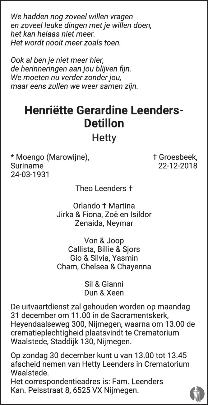 Overlijdensbericht van Henriëtte Gerardine (Hetty) Leenders - Detillon in de Gelderlander