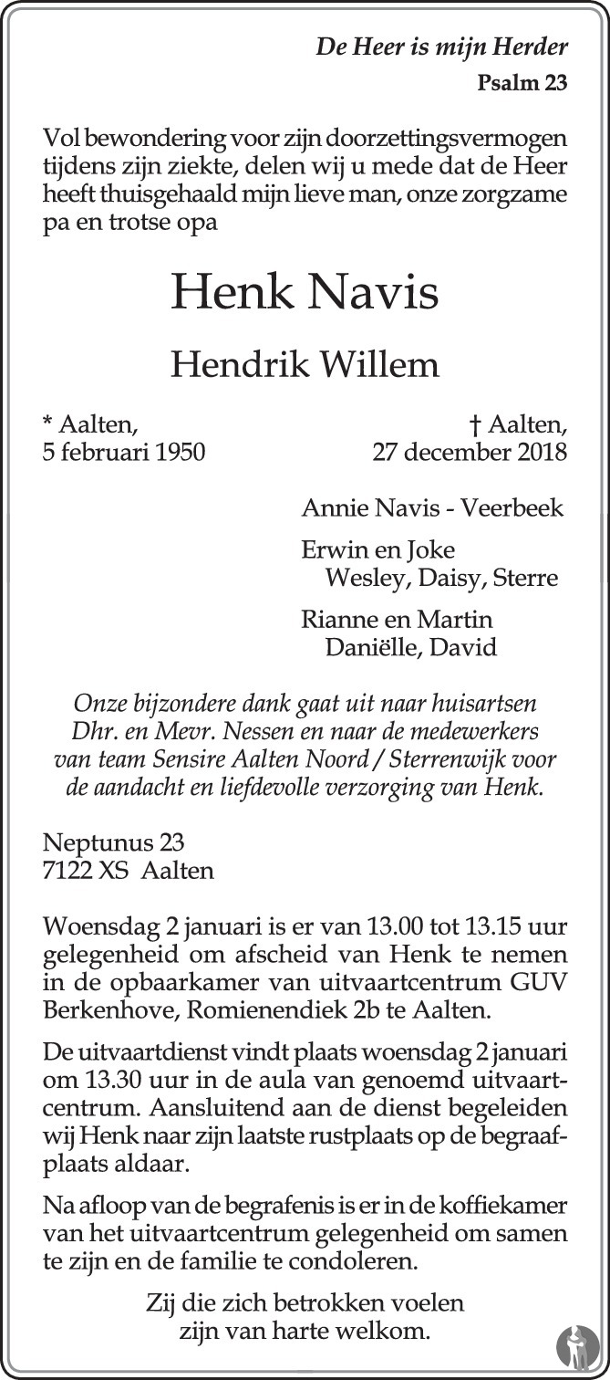 Hendrik Willem (Henk) Navis 27-12-2018 overlijdensbericht en ...