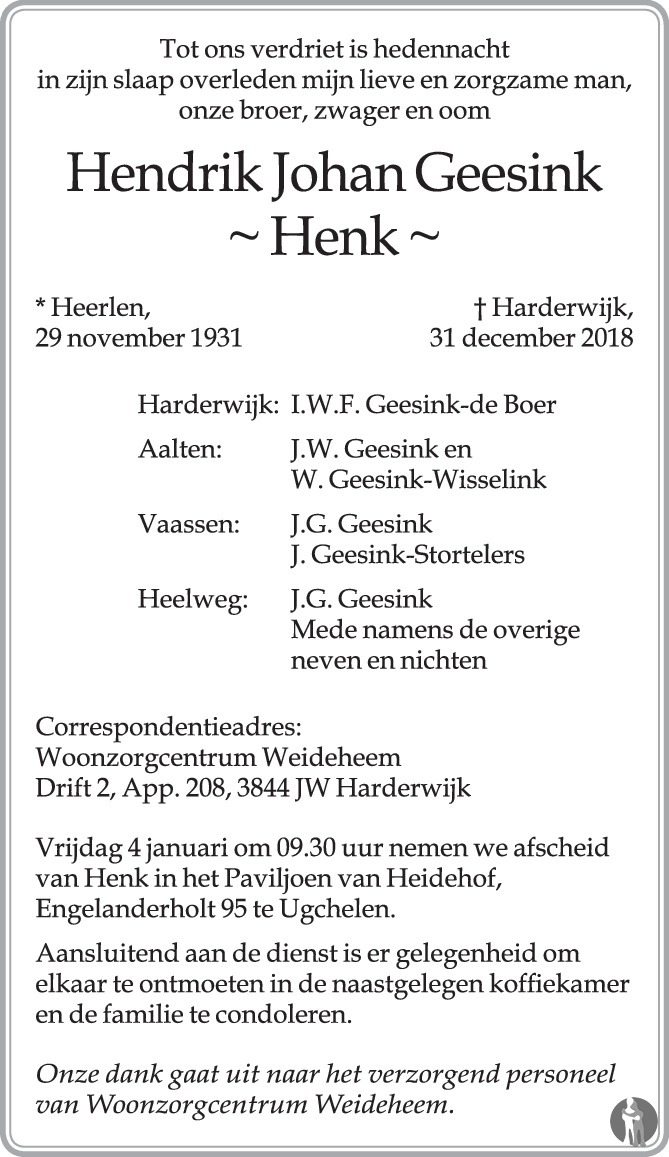 Hendrik Johan Henk Geesink 31 12 18 Overlijdensbericht En Condoleances Mensenlinq Nl