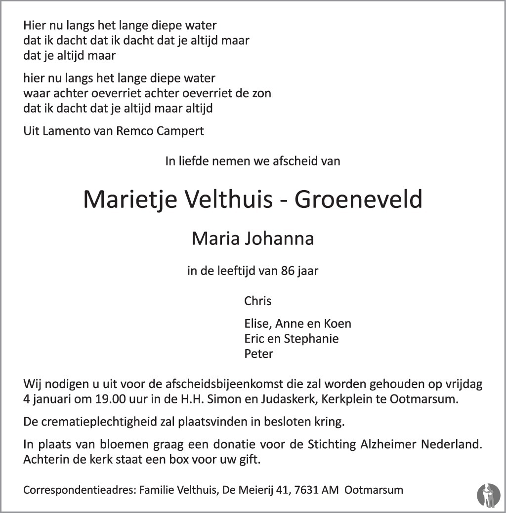 Maria Johanna Marietje Velthuis Groeneveld Overlijdensbericht En Condoleances