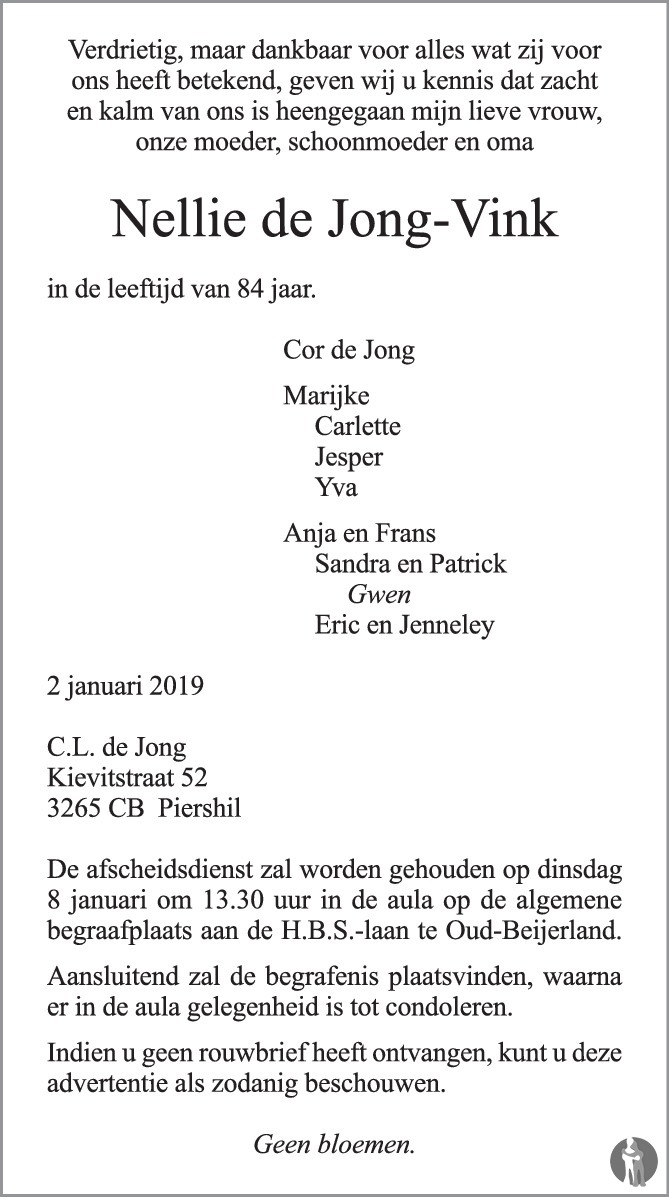 Nellie de Jong - Vink 02-01-2019 overlijdensbericht en condoleances ...