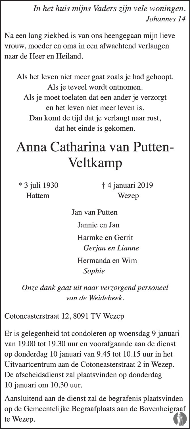 Anna Catharina van Putten Veltkamp 04012019 overlijdensbericht en