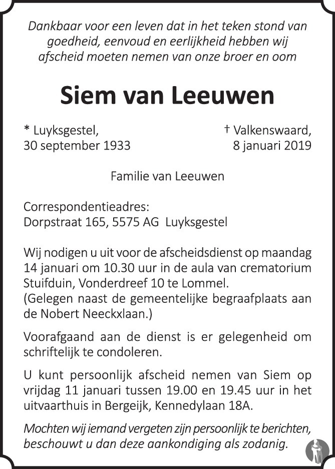 Siem van Leeuwen 08-01-2019 overlijdensbericht en condoleances ...