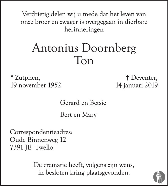 Overlijdensbericht van Antonius (Ton) Doornberg in de Stentor