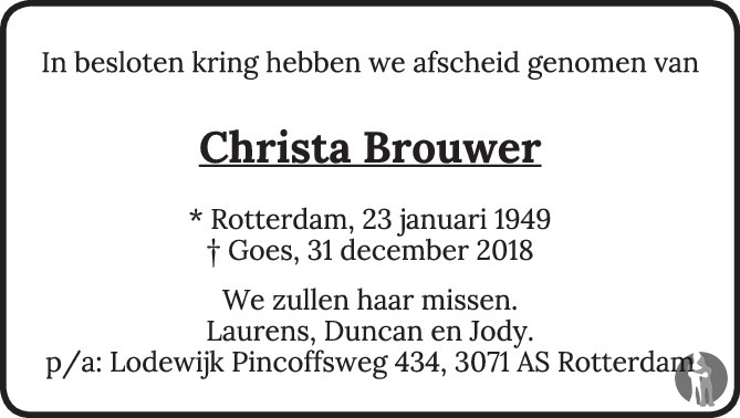 Christa Brouwer 31122018 overlijdensbericht en condoleances