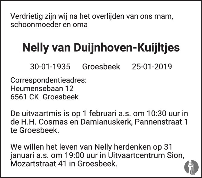 Overlijdensbericht van Nelly van Duijnhoven - Kuijltjes in de Gelderlander