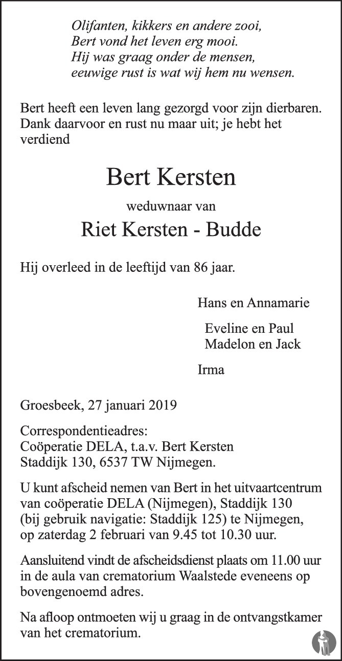 Overlijdensbericht van Bert Kersten in de Gelderlander