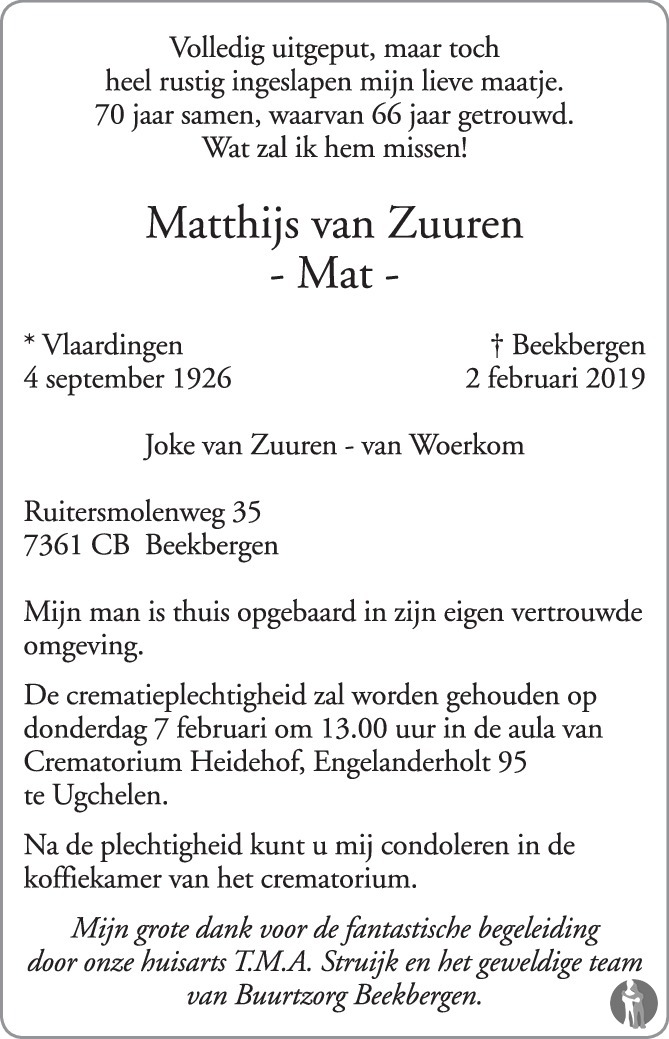 Matthijs (Mat) van Zuuren 02022019 overlijdensbericht en condoleances