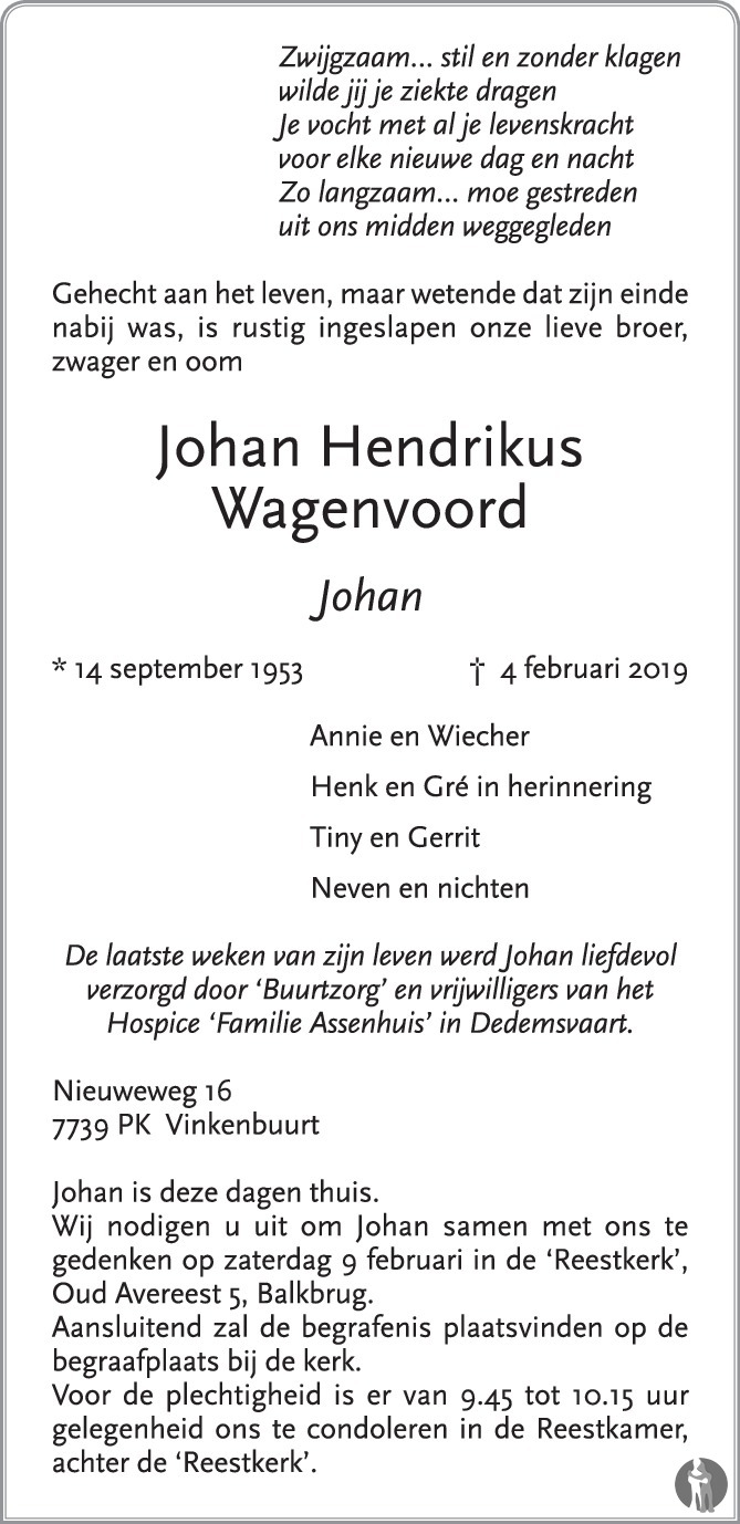 Overlijdensbericht van Johan Hendrikus (Johan) Wagenvoord  in de Stentor