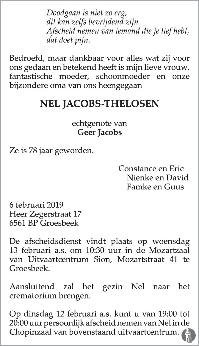 Overlijdensbericht van Nel Jacobs - Thelosen in de Gelderlander