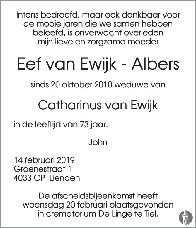 Eef van Ewijk Albers 14022019 overlijdensbericht en condoleances