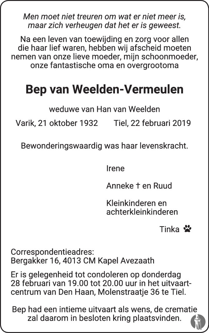 Bep van Weelden - Vermeulen 22-02-2019 overlijdensbericht en ...