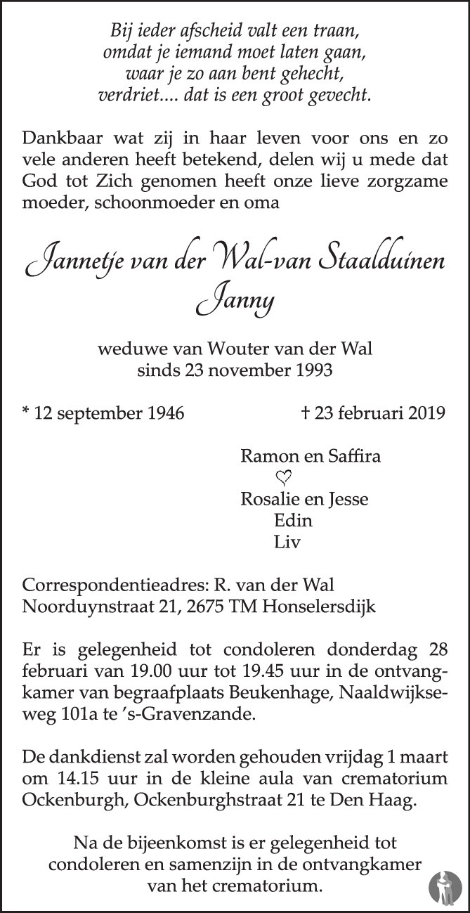 Jannetje (Janny) van der Wal - van Staalduinen 23-02-2019 ...