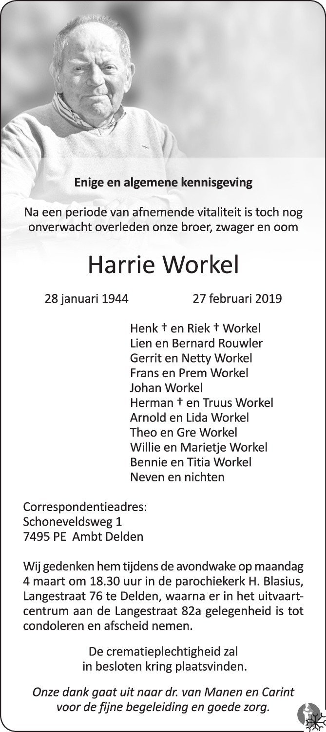 Harrie Workel 27-02-2019 overlijdensbericht en condoleances - Mensenlinq.nl