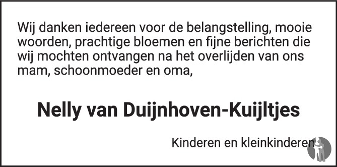 Overlijdensbericht van Nelly van Duijnhoven - Kuijltjes in de Gelderlander