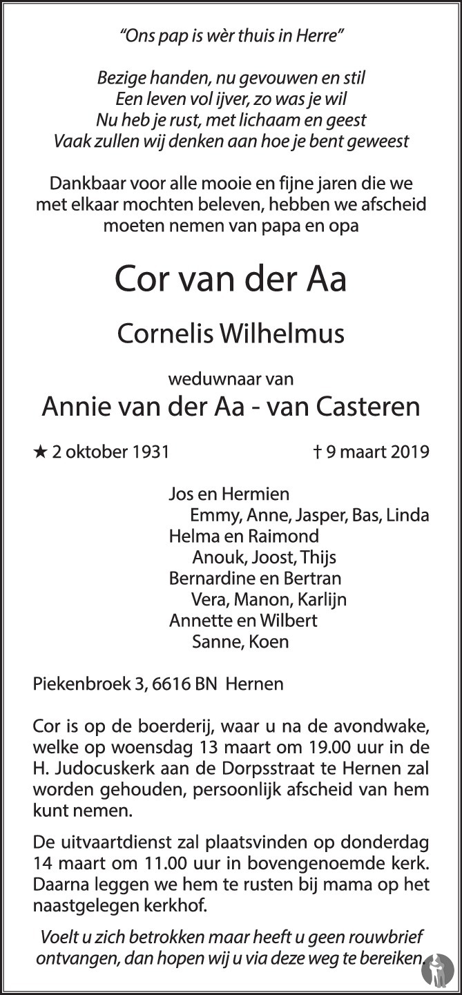 Overlijdensbericht van Cornelis Wilhelmus (Cor) van der Aa  in de Gelderlander