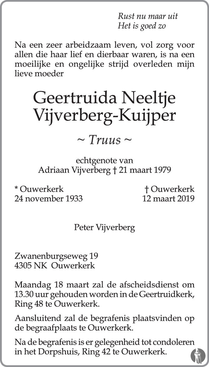 Overlijdensbericht van Geertruida Neeltje (Truus) Vijverberg - Kuijper in PZC Provinciale Zeeuwse Courant